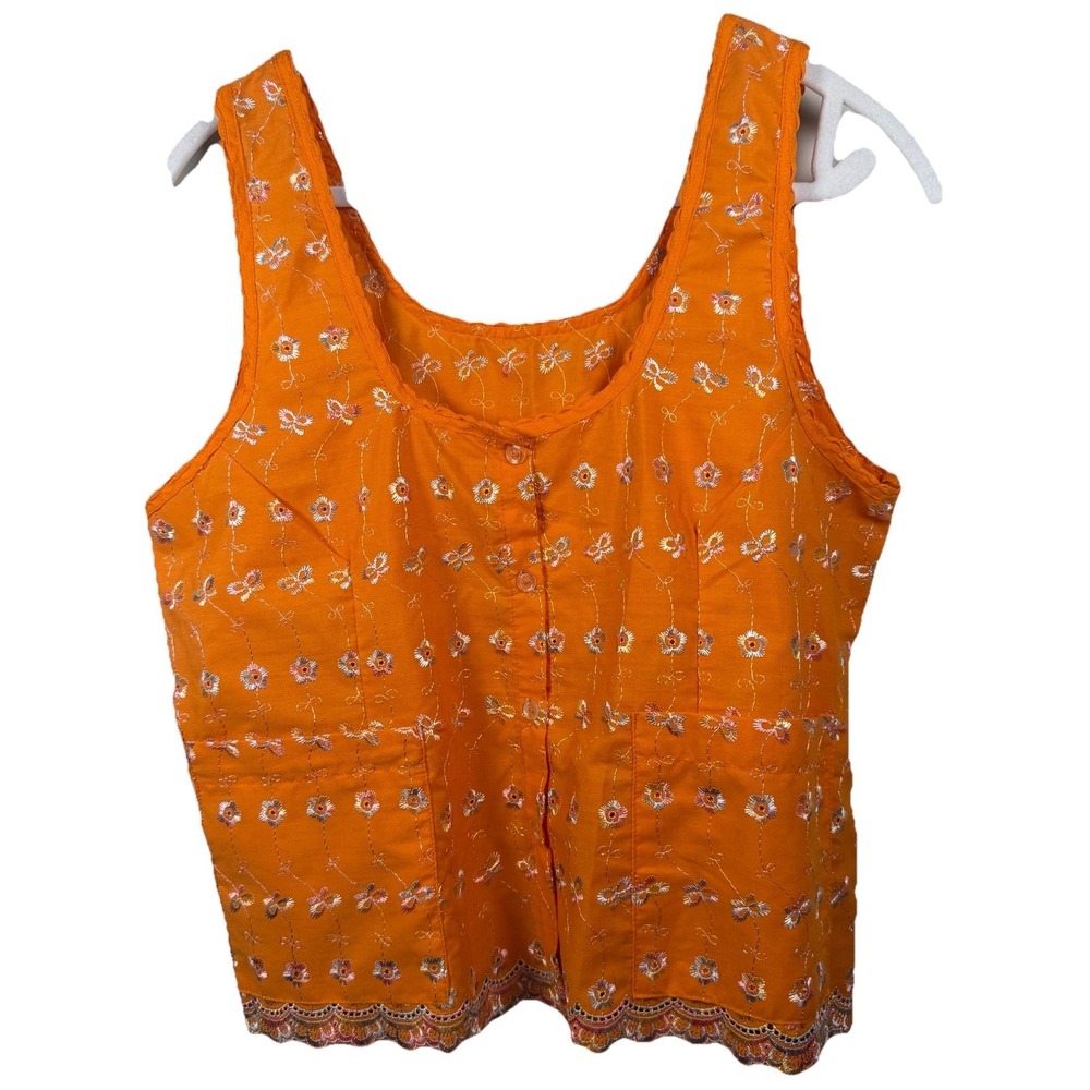 Woman's Embroided Orange Eyelet Ruffle Bottom Tank Top OS Bohochic Cottagecore